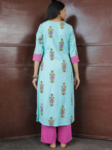 Sky Blue Pink Green Cotton Block Printed Kurta & Pants - Set of 2 - SS01F050