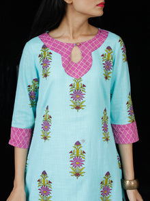 Sky Blue Pink Green Cotton Block Printed Kurta & Pants - Set of 2 - SS01F050