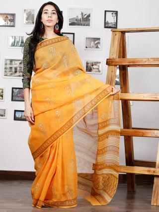 Yellow Mustard White Hand Block Printed Kota Doria Saree in Natural Colors - S031702873