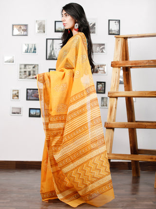 Yellow Mustard White Hand Block Printed Kota Doria Saree in Natural Colors - S031702873