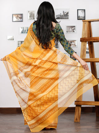 Yellow Mustard White Hand Block Printed Kota Doria Saree in Natural Colors - S031702873