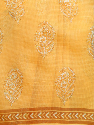 Yellow Mustard White Hand Block Printed Kota Doria Saree in Natural Colors - S031702873