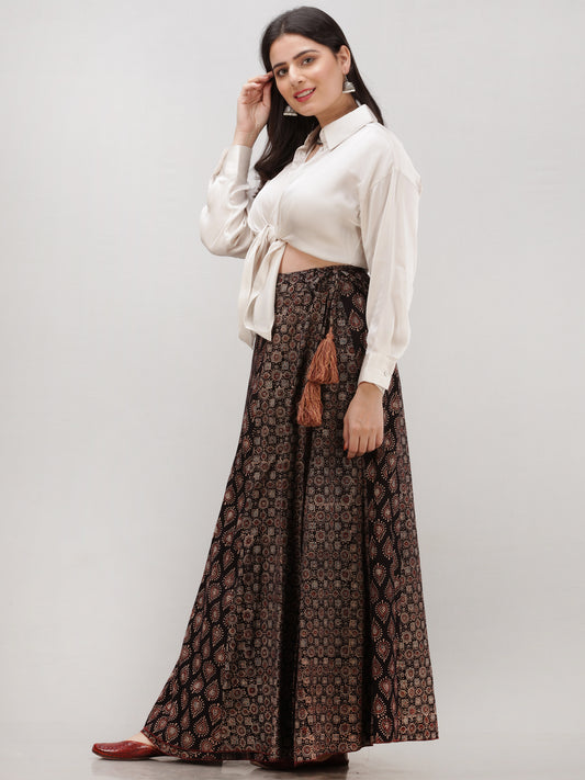 Black Maroon Ajrakh Hand Block Printed Wrap Around Skirt With Kali  - S402BP151