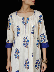 Off White Royal Blue Cotton Block Printed Kurta & Pants - Set of 2 - SS01F052