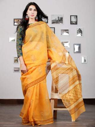 Yellow Mustard White Hand Block Printed Kota Doria Saree in Natural Colors - S031702873