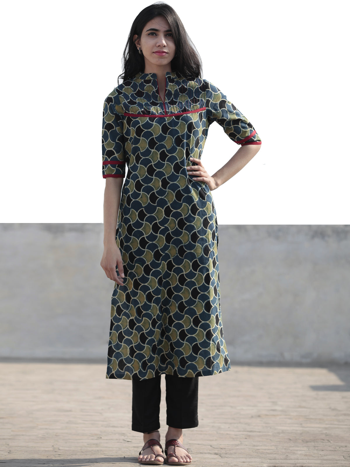 Green Indigo Black Hand Block Printed Ajrakh Kurta With  Stand Collar  - K45F1215