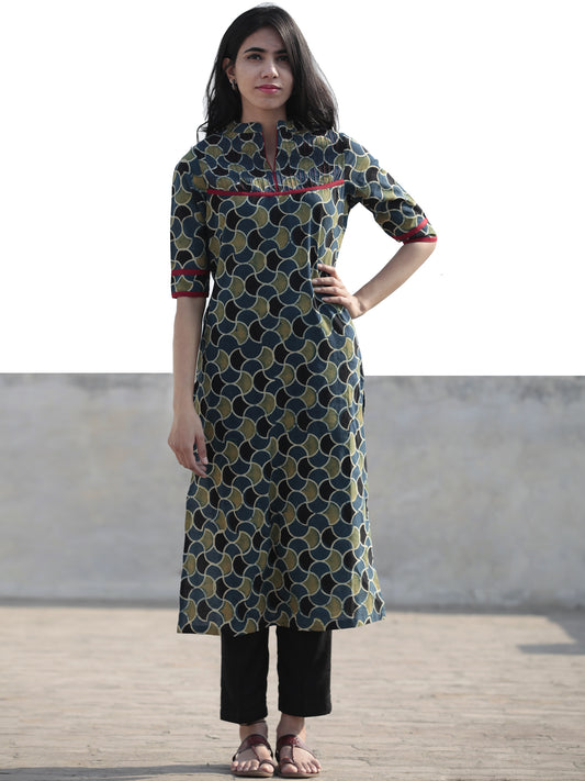 Green Indigo Black Hand Block Printed Ajrakh Kurta With  Stand Collar  - K45F1215
