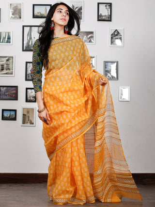Yellow Mustard White Hand Block Printed Kota Doria Saree in Natural Colors - S031702874