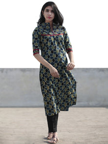 Green Indigo Black Hand Block Printed Ajrakh Kurta With  Stand Collar  - K45F1215
