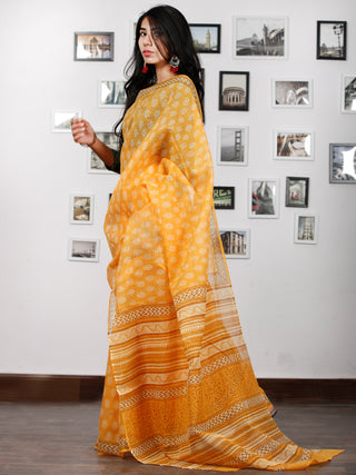 Yellow Mustard White Hand Block Printed Kota Doria Saree in Natural Colors - S031702874