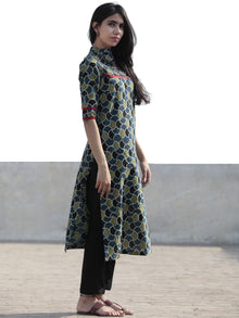 Green Indigo Black Hand Block Printed Ajrakh Kurta With  Stand Collar  - K45F1215