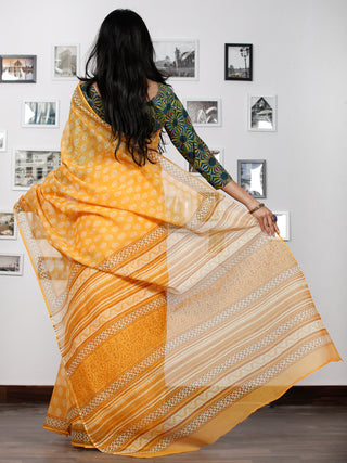Yellow Mustard White Hand Block Printed Kota Doria Saree in Natural Colors - S031702874