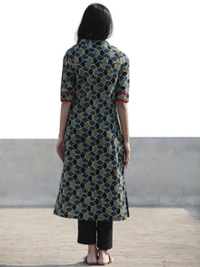 Green Indigo Black Hand Block Printed Ajrakh Kurta With  Stand Collar  - K45F1215