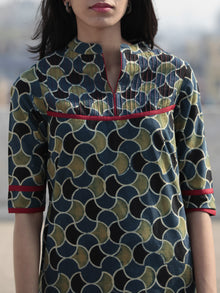 Green Indigo Black Hand Block Printed Ajrakh Kurta With  Stand Collar  - K45F1215