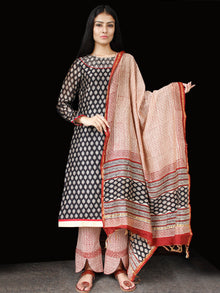 Black Red Beige Chanderi Block Printed Suit Set - Set of 3  - SS01F003
