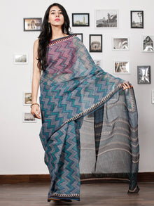 Teal Green Indigo Black Ivory Hand Block Printed Kota Doria Saree in Natural Colors - S031702848