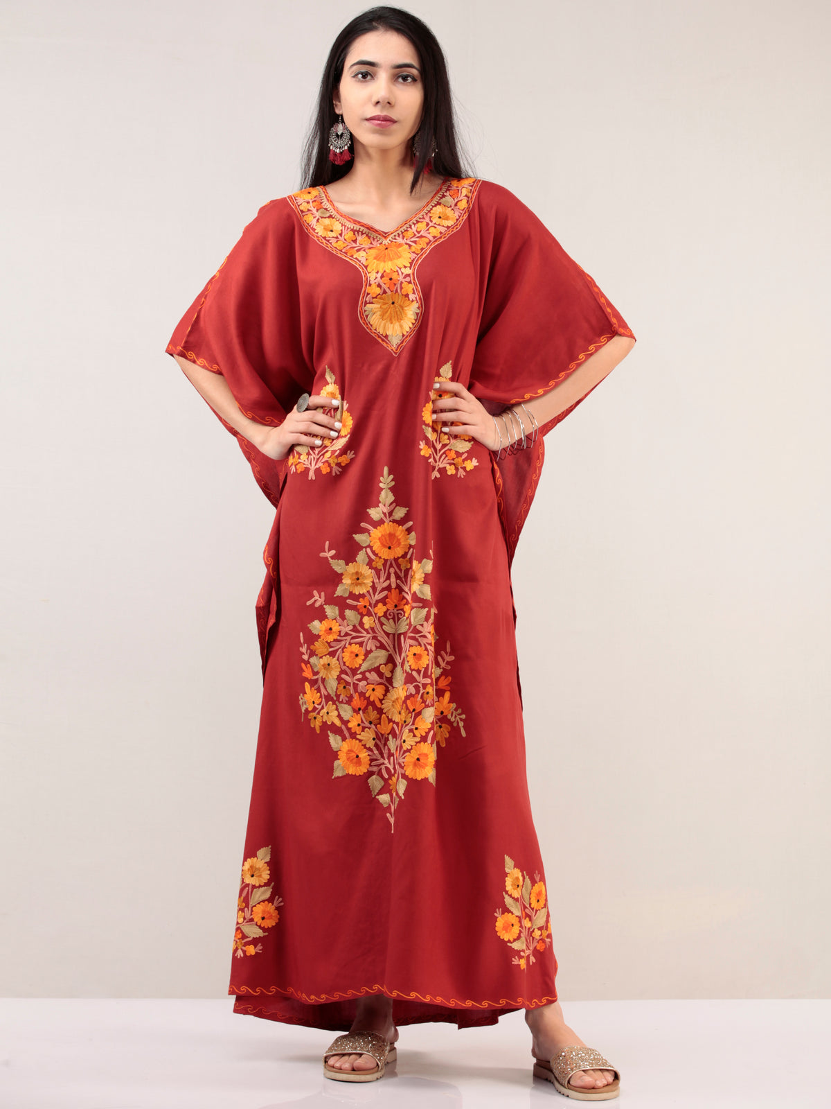 Maroon Yellow Aari Embroidered Kashmere Free Size Kaftan  - K12K022