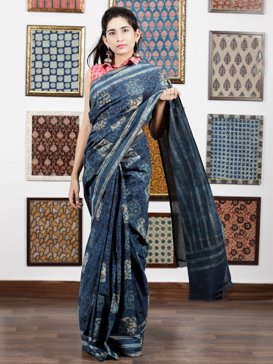 Indigo Grey Ivory Hand Block Printed Cotton Mul Saree - S031703113