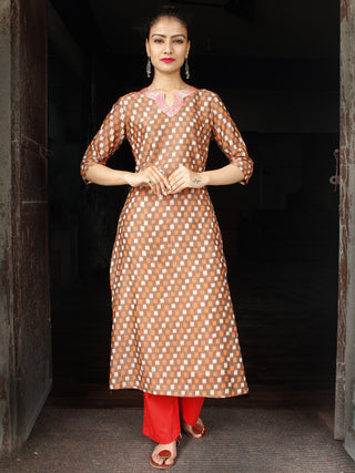Brown Rust Silk Cotton Ikat Embroidered Kurta & Pants (Set of 2) - SS01F1751