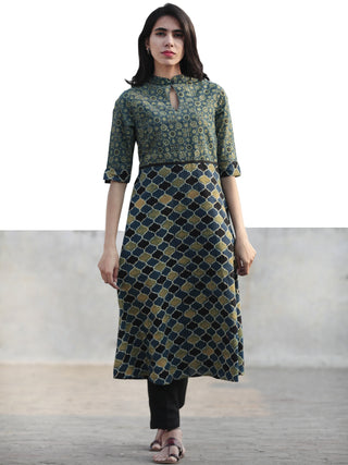 Green Indigo Black Hand Printed Ajrakh Kurta With Stand Collar - K49F1177