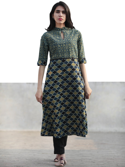 Green Indigo Black Hand Printed Ajrakh Kurta With Stand Collar - K49F1177
