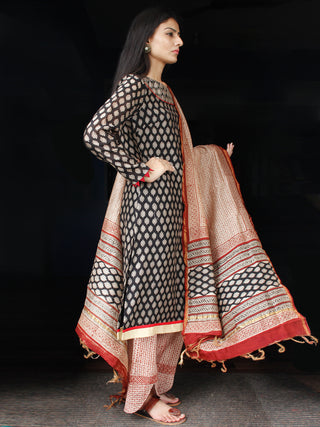 Black Red Beige Chanderi Block Printed Suit Set - Set of 3  - SS01F003