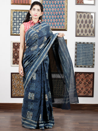 Indigo Grey Ivory Hand Block Printed Cotton Mul Saree - S031703113