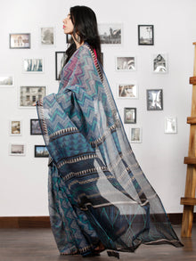 Teal Green Indigo Black Ivory Hand Block Printed Kota Doria Saree in Natural Colors - S031702848