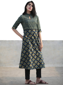 Green Indigo Black Hand Printed Ajrakh Kurta With Stand Collar - K49F1177