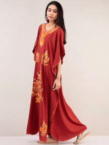 Maroon Yellow Aari Embroidered Kashmere Free Size Kaftan  - K12K022