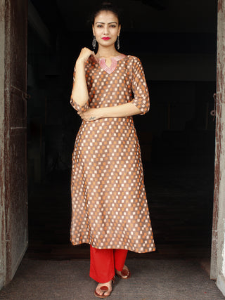 Brown Rust Silk Cotton Ikat Embroidered Kurta & Pants (Set of 2) - SS01F1751