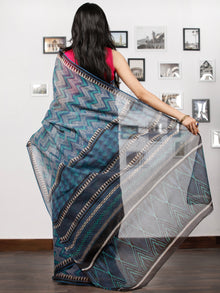 Teal Green Indigo Black Ivory Hand Block Printed Kota Doria Saree in Natural Colors - S031702848