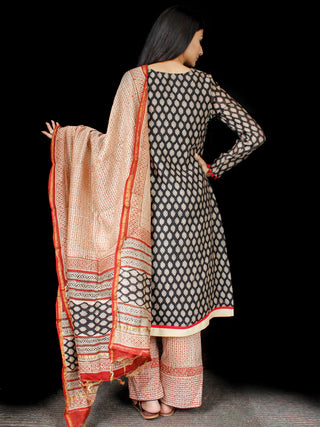 Black Red Beige Chanderi Block Printed Suit Set - Set of 3  - SS01F003