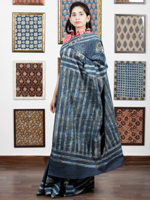 Indigo Grey Ivory Hand Block Printed Cotton Mul Saree - S031703113
