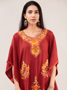 Maroon Yellow Aari Embroidered Kashmere Free Size Kaftan  - K12K022