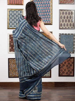 Indigo Grey Ivory Hand Block Printed Cotton Mul Saree - S031703113