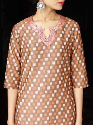 Brown Rust Silk Cotton Ikat Embroidered Kurta & Pants (Set of 2) - SS01F1751