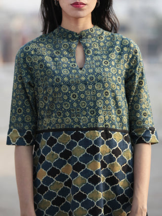 Green Indigo Black Hand Printed Ajrakh Kurta With Stand Collar - K49F1177