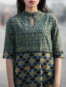 Green Indigo Black Hand Printed Ajrakh Kurta With Stand Collar - K49F1177