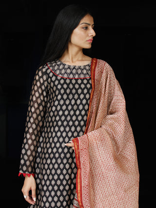 Black Red Beige Chanderi Block Printed Suit Set - Set of 3  - SS01F003