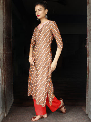 Brown Rust Silk Cotton Ikat Embroidered Kurta & Pants (Set of 2) - SS01F1751