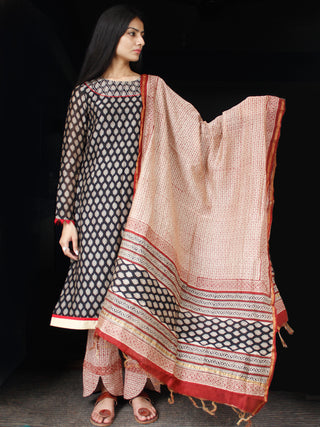 Black Red Beige Chanderi Block Printed Suit Set - Set of 3  - SS01F003