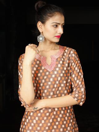Brown Rust Silk Cotton Ikat Embroidered Kurta & Pants (Set of 2) - SS01F1751