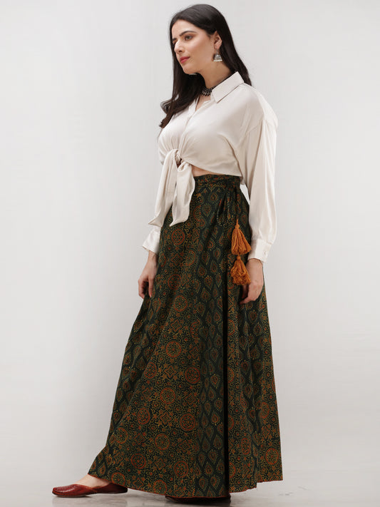 Green Mustard Rust Ajrakh Hand Block Printed Wrap Around Skirt  - S402BP141