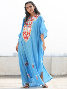 Sky Blue Red Coral Aari Embroidered Kashmere Free Size Kaftan in Crushed Cotton - K11K067