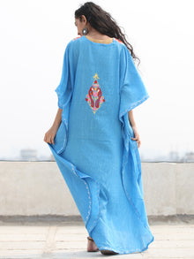 Sky Blue Red Coral Aari Embroidered Kashmere Free Size Kaftan in Crushed Cotton - K11K067