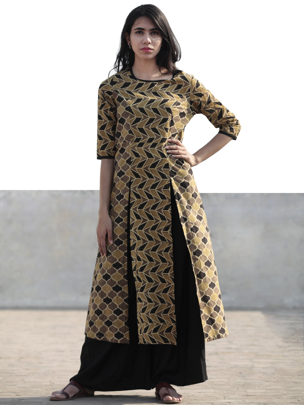Light Brown Black Beige Hand Printed Ajrakh Kurta With Front Slits - K59F1180