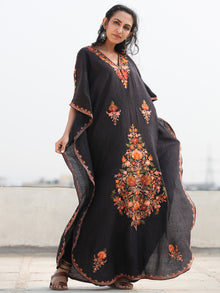 Black Aari Embroidered Kashmere Free Size Kaftan in Crushed Cotton - K11K068