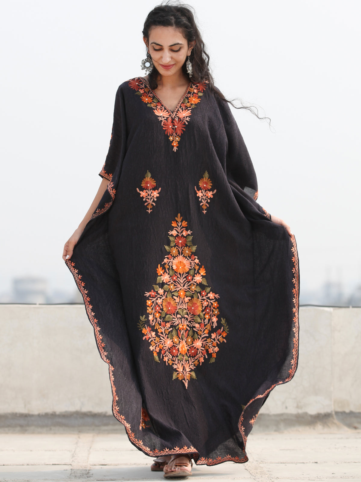 Black Aari Embroidered Kashmere Free Size Kaftan in Crushed Cotton - K11K068