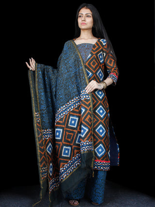 Indigo Rust Ivory Chanderi Block Printed Suit Set - Set of 3 - SS01F027